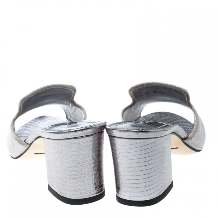 Pre Owned Dolce and Gabbana Grey Lizard Leather Block Heel Mules Size 36.5