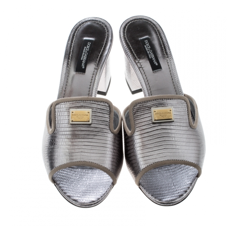 Pre Owned Dolce and Gabbana Grey Lizard Leather Block Heel Mules Size 36.5