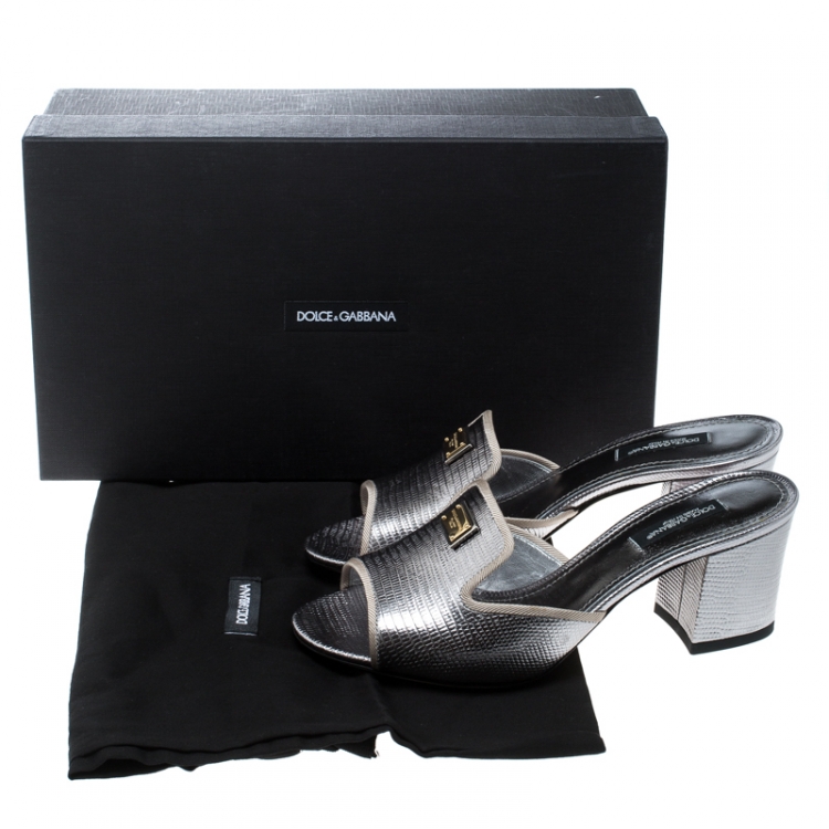 Pre Owned Dolce and Gabbana Grey Lizard Leather Block Heel Mules Size 36.5