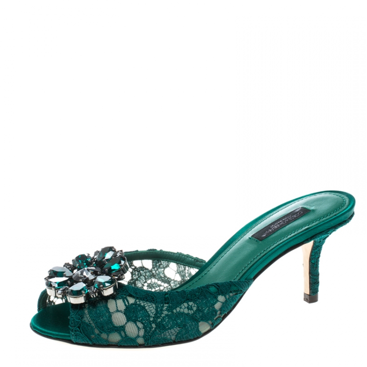 Pre Owned Dolce and Gabbana Green Lace Crystal Embellished Peep Toe Mules Size 36