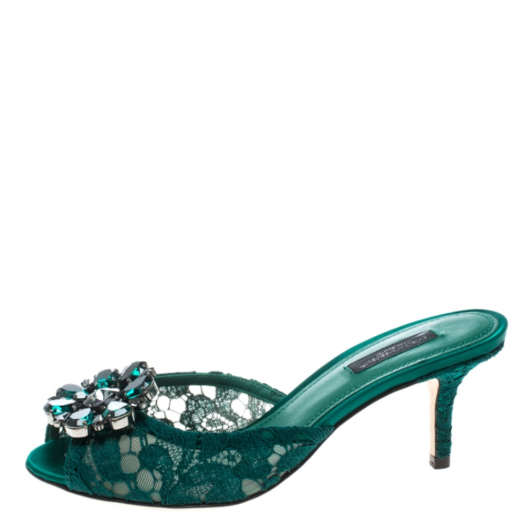 Dolce and Gabbana Green Lace Crystal Embellished Peep Toe Mules Size 36  Dolce & Gabbana | TLC