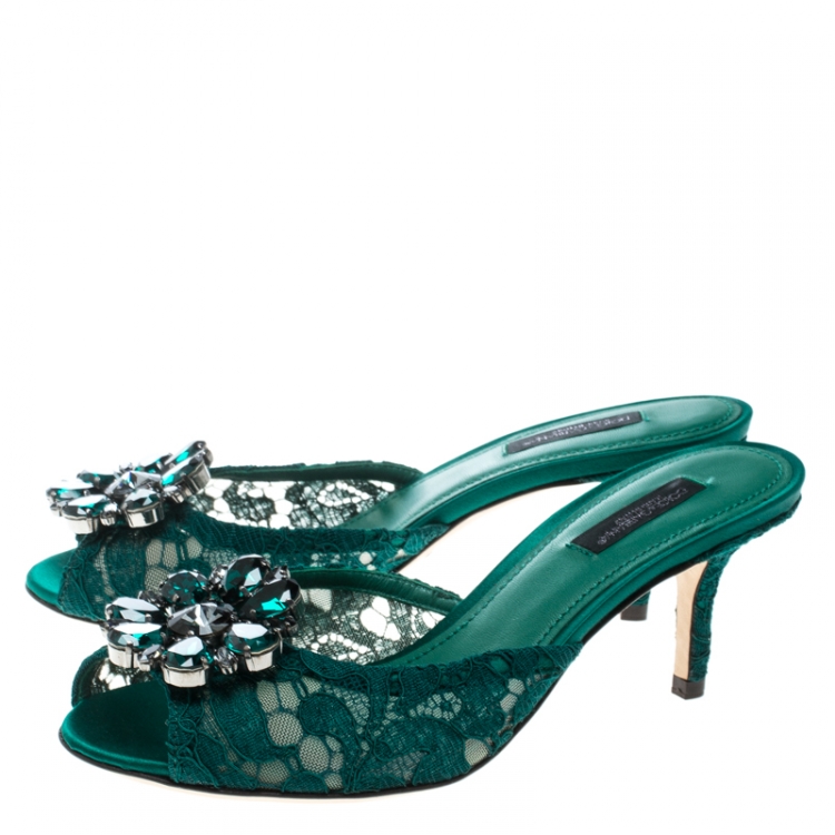 Pre Owned Dolce and Gabbana Green Lace Crystal Embellished Peep Toe Mules Size 36