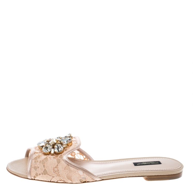 Pre Owned Dolce and Gabbana Peach Lace Sofia Crystal Embellished Flat Slides Size 40