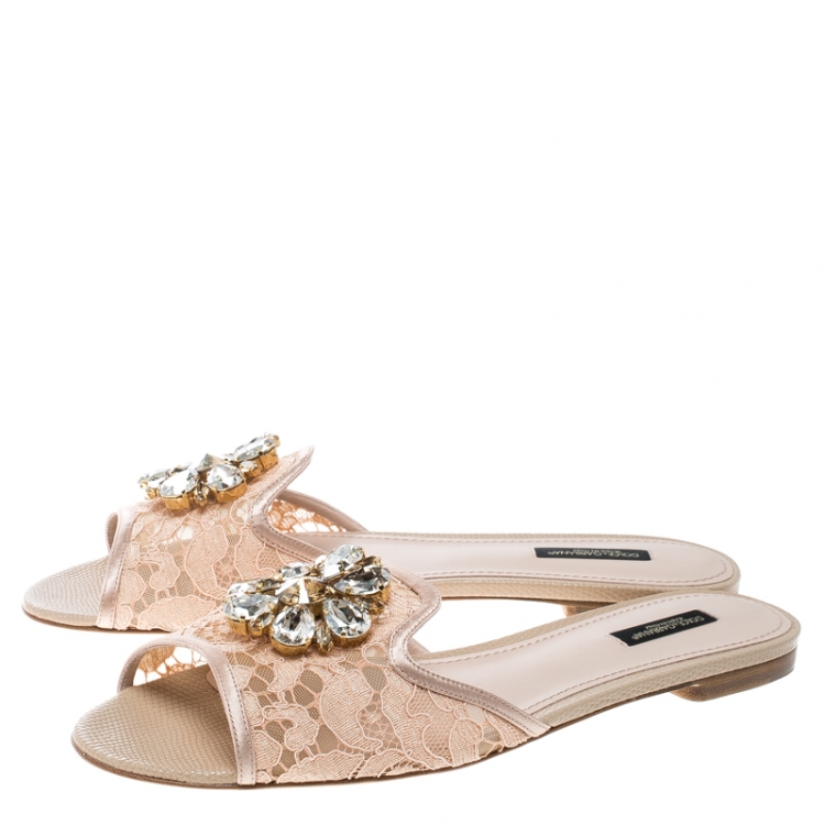 Pre Owned Dolce and Gabbana Peach Lace Sofia Crystal Embellished Flat Slides Size 40