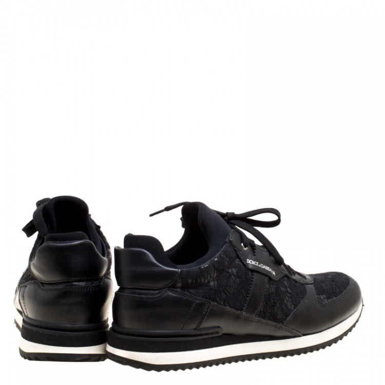 Pre Owned Dolce And Gabbana Black Leather And Lace Sneakers Size 41