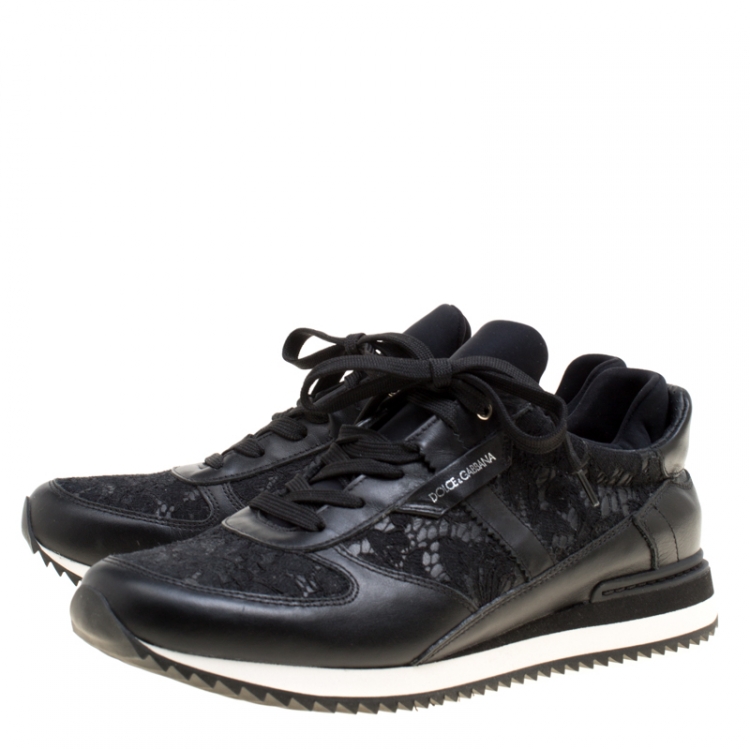 Pre Owned Dolce And Gabbana Black Leather And Lace Sneakers Size 41