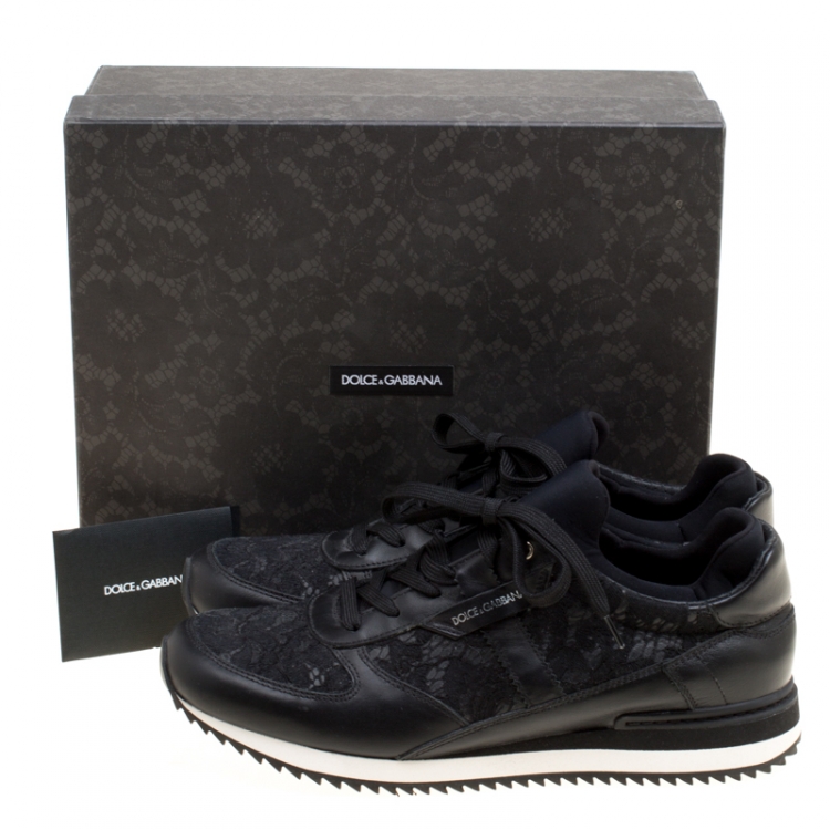 Pre Owned Dolce And Gabbana Black Leather And Lace Sneakers Size 41