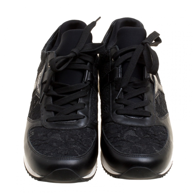 Pre Owned Dolce And Gabbana Black Leather And Lace Sneakers Size 41