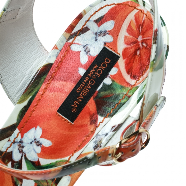 Pre Owned Dolce and Gabbana Orange Print Patent Leather Ankle Strap Platform Wedge Sandals Size 39
