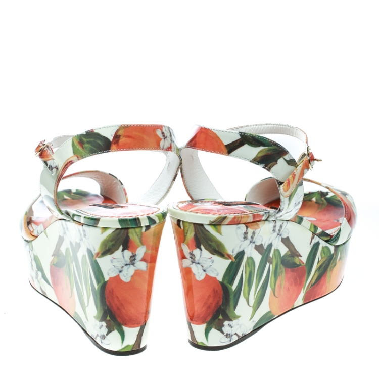 Pre Owned Dolce and Gabbana Orange Print Patent Leather Ankle Strap Platform Wedge Sandals Size 39