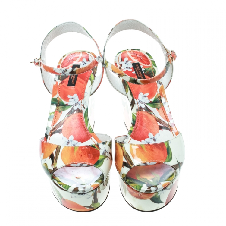 Pre Owned Dolce and Gabbana Orange Print Patent Leather Ankle Strap Platform Wedge Sandals Size 39