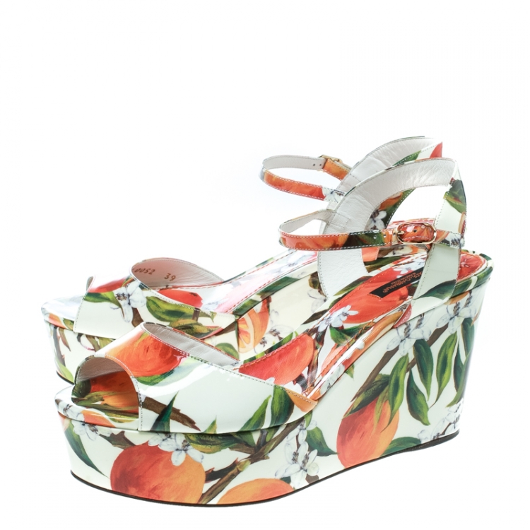 Pre Owned Dolce and Gabbana Orange Print Patent Leather Ankle Strap Platform Wedge Sandals Size 39