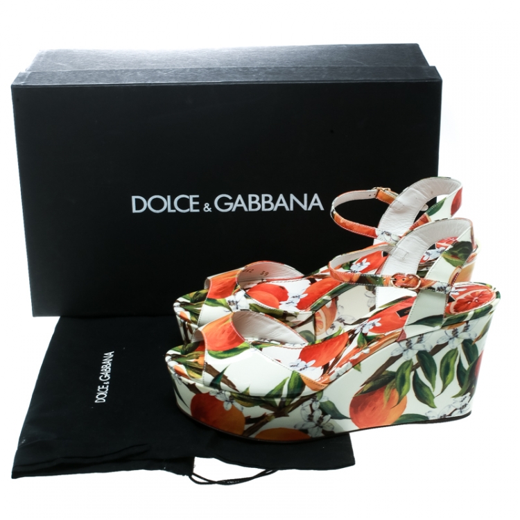 Pre Owned Dolce and Gabbana Orange Print Patent Leather Ankle Strap Platform Wedge Sandals Size 39