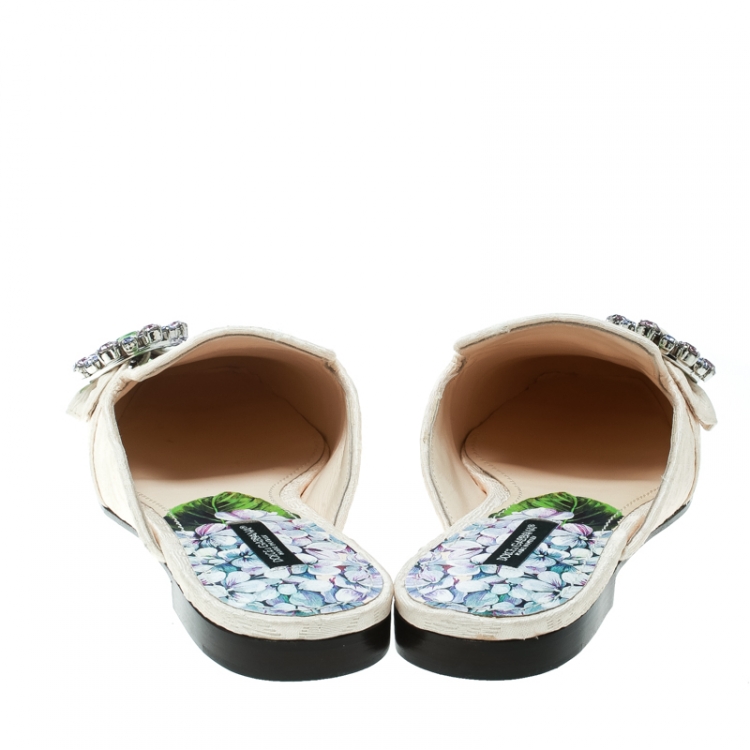 Pre Owned Dolce and Gabbana Hydrangea Print Jackie Crystal Embellished Buckle Flat Mules Size 40