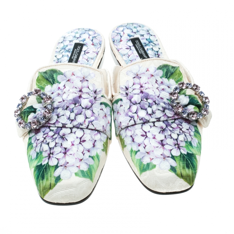 Pre Owned Dolce and Gabbana Hydrangea Print Jackie Crystal Embellished Buckle Flat Mules Size 40