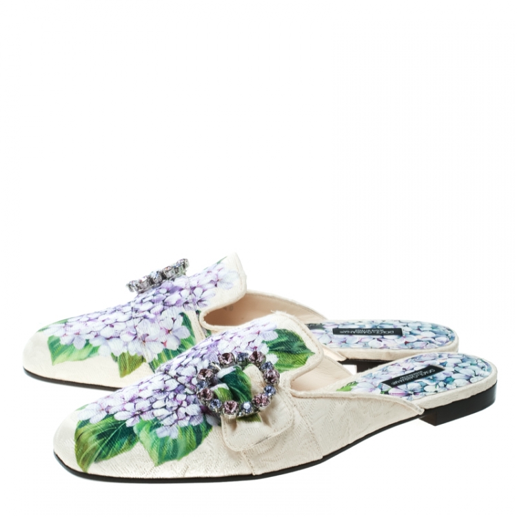 Pre Owned Dolce and Gabbana Hydrangea Print Jackie Crystal Embellished Buckle Flat Mules Size 40