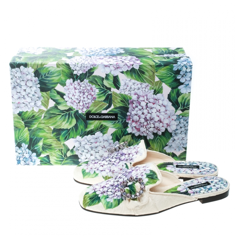 Pre Owned Dolce and Gabbana Hydrangea Print Jackie Crystal Embellished Buckle Flat Mules Size 40