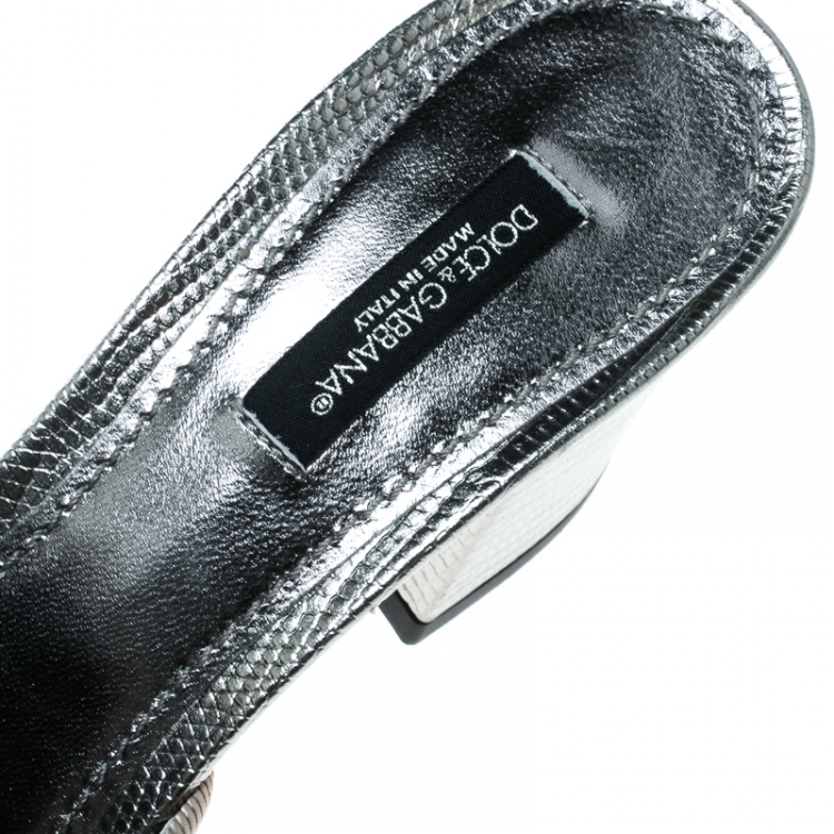 Pre Owned Dolce and Gabbana Metallic Silver Embossed Lizard Leather Peep Toe Mules Size 36.5