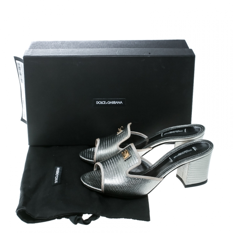 Pre Owned Dolce and Gabbana Metallic Silver Embossed Lizard Leather Peep Toe Mules Size 36.5
