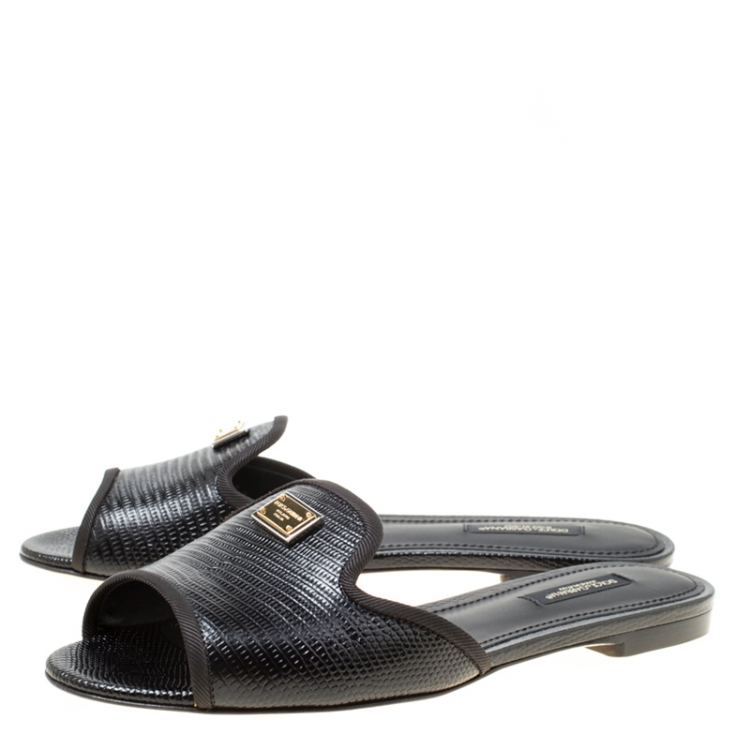 Pre Owned Dolce and Gabbana Black Lizard Embossed Leather Sofia Slides Size 37