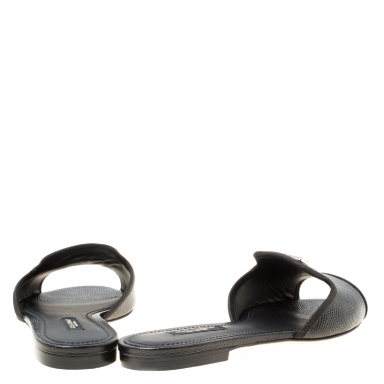 Pre Owned Dolce and Gabbana Black Lizard Embossed Leather Sofia Slides Size 37