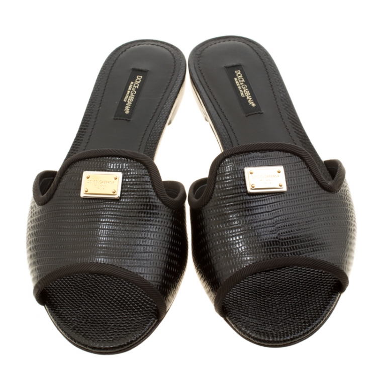Pre Owned Dolce and Gabbana Black Lizard Embossed Leather Sofia Slides Size 37