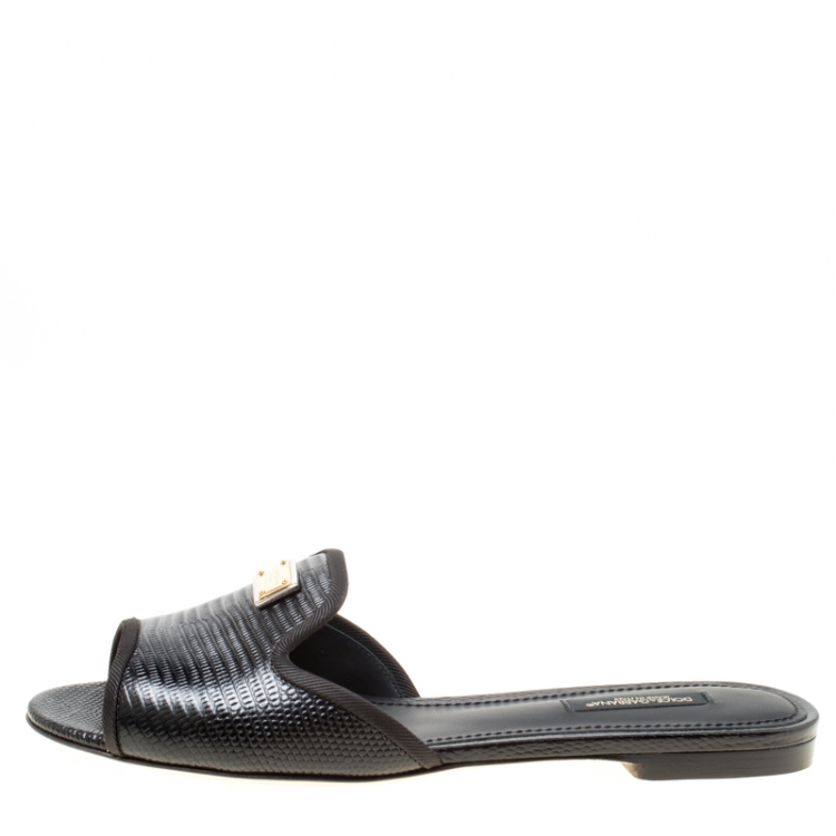 Pre Owned Dolce and Gabbana Black Lizard Embossed Leather Sofia Slides Size 37