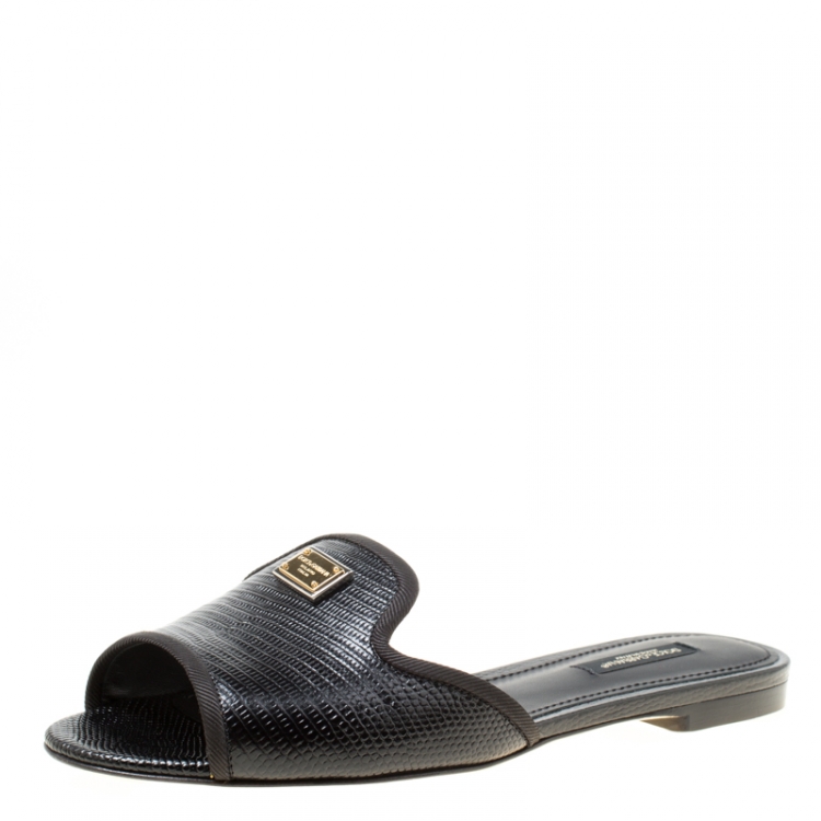 Pre Owned Dolce and Gabbana Black Lizard Embossed Leather Sofia Slides Size 37