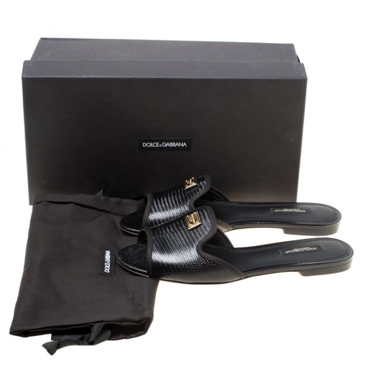 Pre Owned Dolce and Gabbana Black Lizard Embossed Leather Sofia Slides Size 37