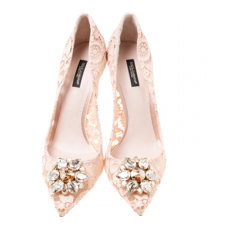 Pre Owned Dolce and Gabbana Beige Lace Bellucci Crystal Embellished Pointed Toe Pumps Size 41
