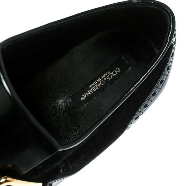 Pre Owned Dolce and Gabbana Black Velvet and Brogue Leather Buckle Detail Loafers Size 40