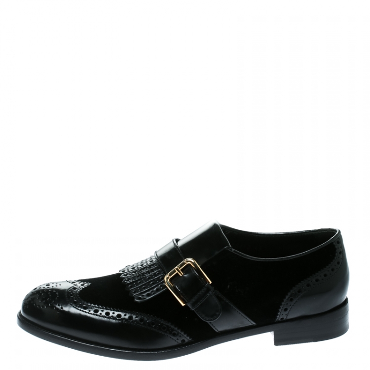 Pre Owned Dolce and Gabbana Black Velvet and Brogue Leather Buckle Detail Loafers Size 40
