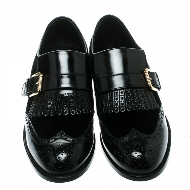 Pre Owned Dolce and Gabbana Black Velvet and Brogue Leather Buckle Detail Loafers Size 40