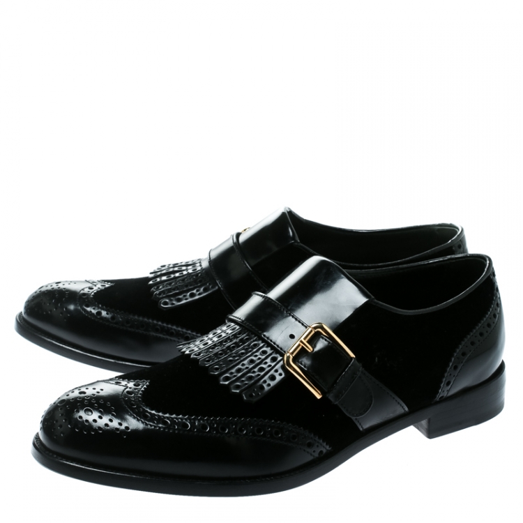 Pre Owned Dolce and Gabbana Black Velvet and Brogue Leather Buckle Detail Loafers Size 40