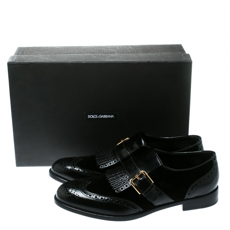 Pre Owned Dolce and Gabbana Black Velvet and Brogue Leather Buckle Detail Loafers Size 40
