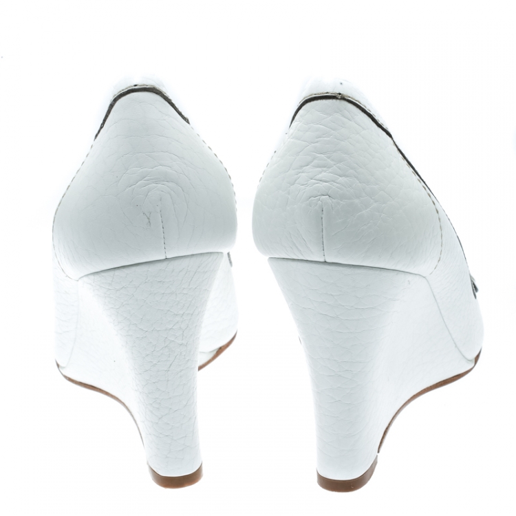 Pre Owned Dolce & Gabbana White Leather Logo Detail Wedge Pumps Size 38
