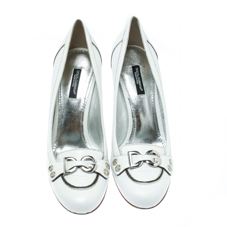 Pre Owned Dolce & Gabbana White Leather Logo Detail Wedge Pumps Size 38