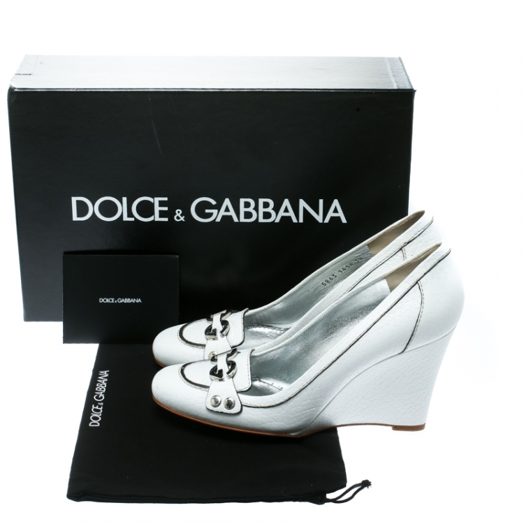Pre Owned Dolce & Gabbana White Leather Logo Detail Wedge Pumps Size 38