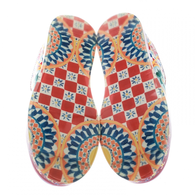 Pre Owned Dolce and Gabbana Multicolor Majolica Print Leather Platform Sneakers Size 38.5