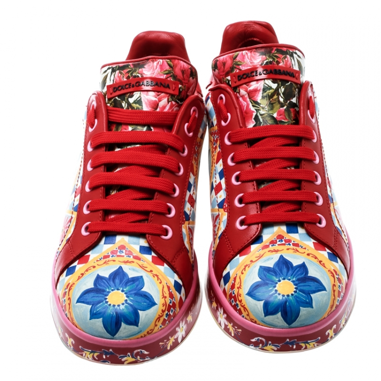 Pre Owned Dolce and Gabbana Multicolor Majolica Print Leather Platform Sneakers Size 38.5