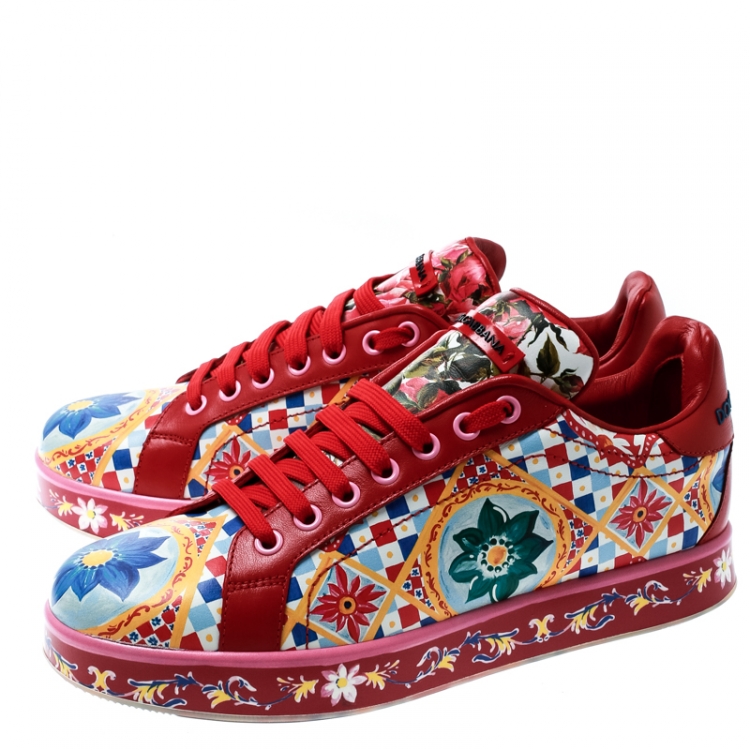 Pre Owned Dolce and Gabbana Multicolor Majolica Print Leather Platform Sneakers Size 38.5