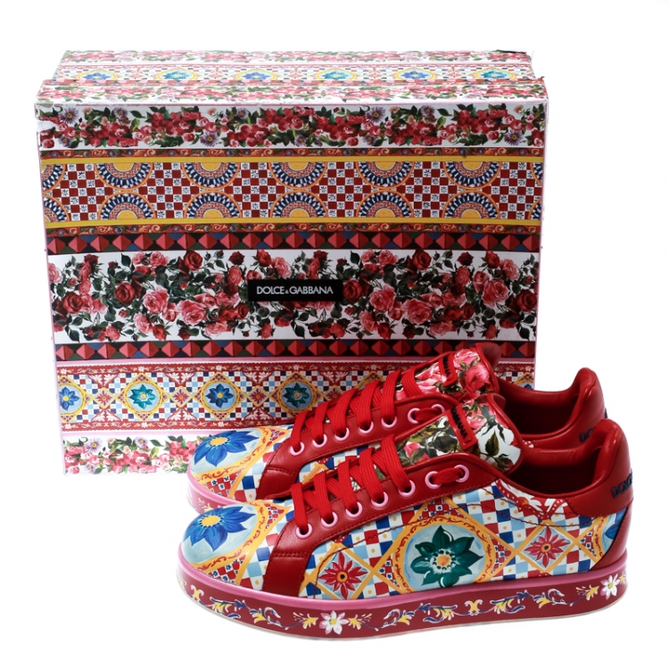 Pre Owned Dolce and Gabbana Multicolor Majolica Print Leather Platform Sneakers Size 38.5