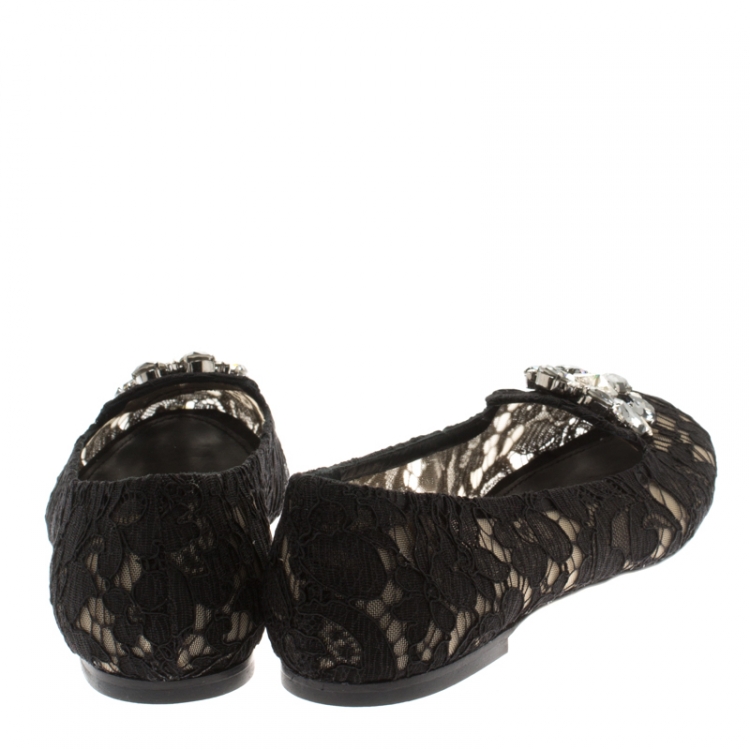 Pre Owned Dolce and Gabbana Black Lace Crystal Embellished Taormina Ballet Flats Size 41