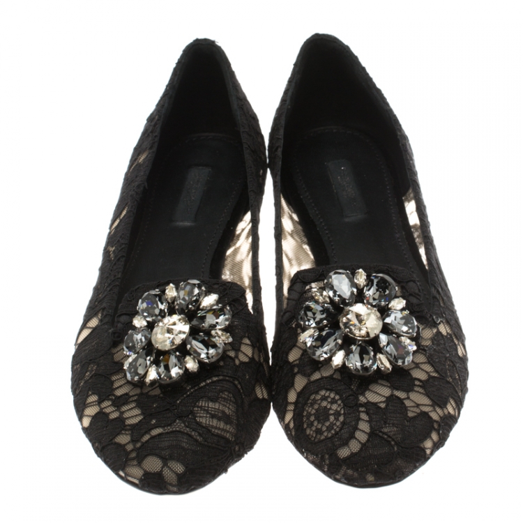 Pre Owned Dolce and Gabbana Black Lace Crystal Embellished Taormina Ballet Flats Size 41