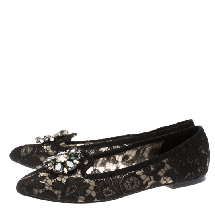 Pre Owned Dolce and Gabbana Black Lace Crystal Embellished Taormina Ballet Flats Size 41