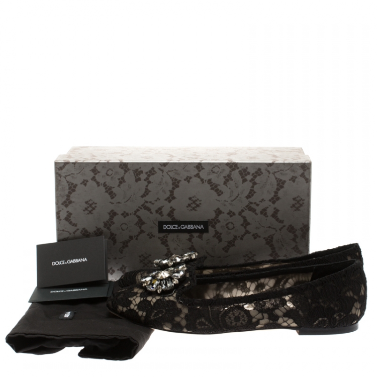 Pre Owned Dolce and Gabbana Black Lace Crystal Embellished Taormina Ballet Flats Size 41
