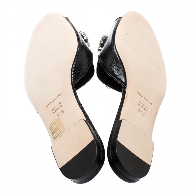 مملوكة مسبقًا Dolce and Gabbana Black Crystal Embellished Snakeskin Leather Bianca Flat Slides Size 37.5