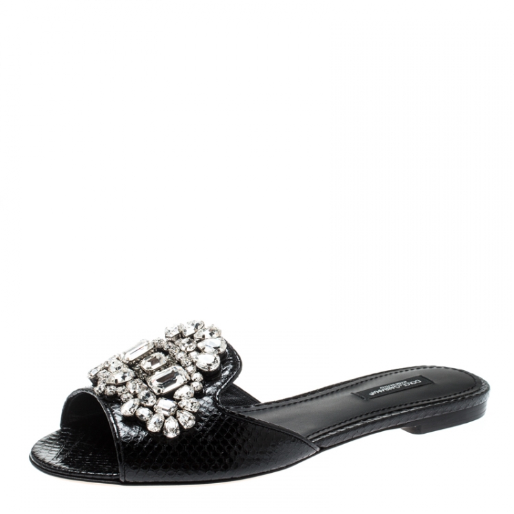 مملوكة مسبقًا Dolce and Gabbana Black Crystal Embellished Snakeskin Leather Bianca Flat Slides Size 37.5
