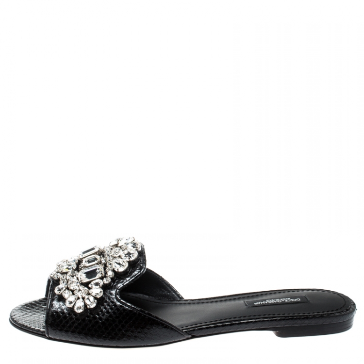مملوكة مسبقًا Dolce and Gabbana Black Crystal Embellished Snakeskin Leather Bianca Flat Slides Size 37.5