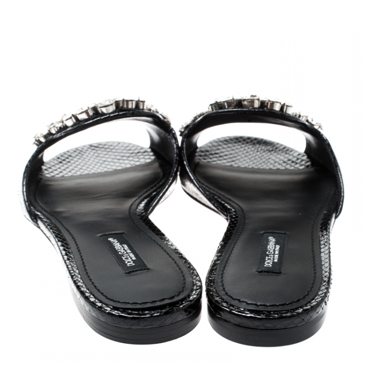 مملوكة مسبقًا Dolce and Gabbana Black Crystal Embellished Snakeskin Leather Bianca Flat Slides Size 37.5